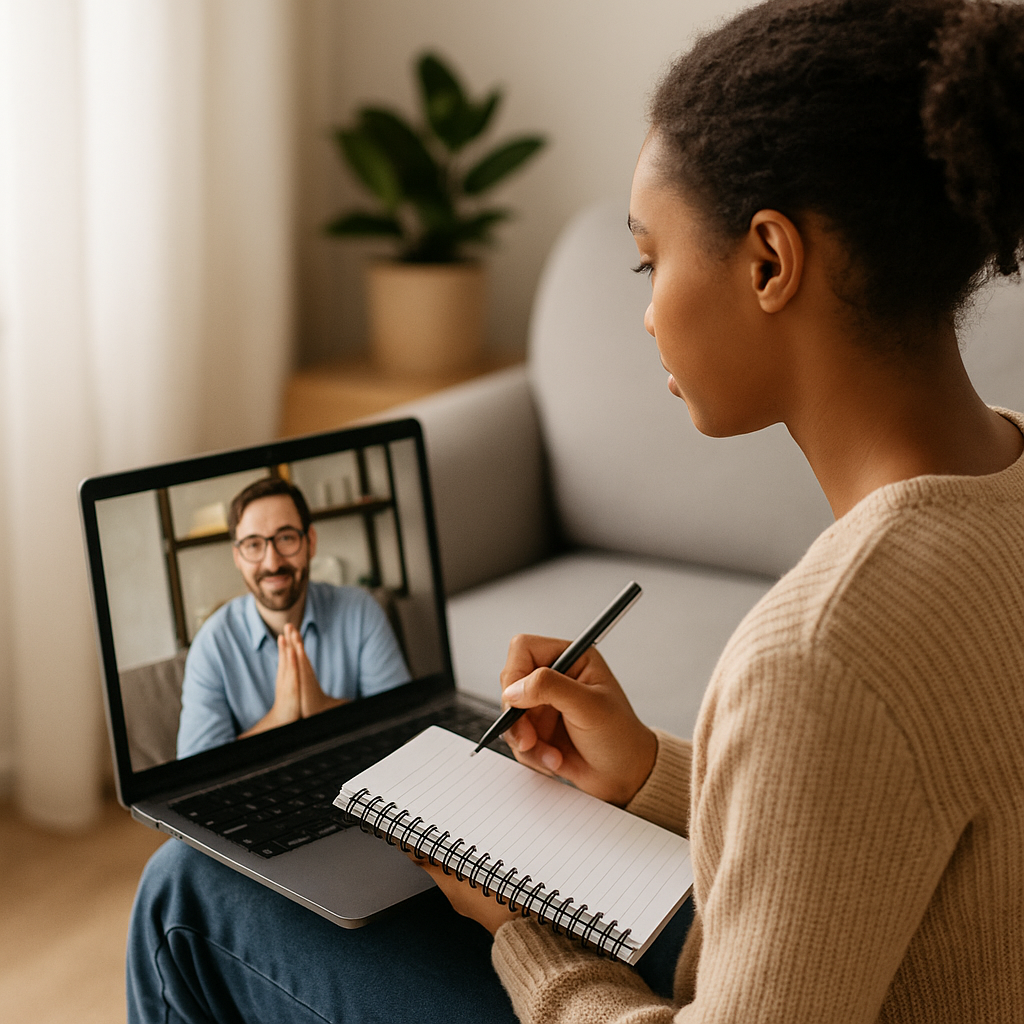 Woman taking notes during a video call on her laptop.