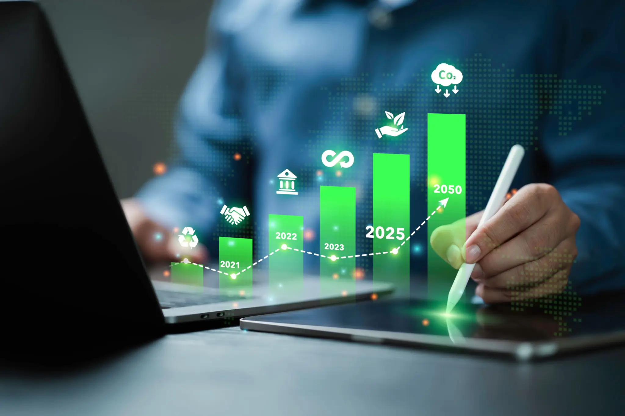 Digital sustainability growth chart on tablet