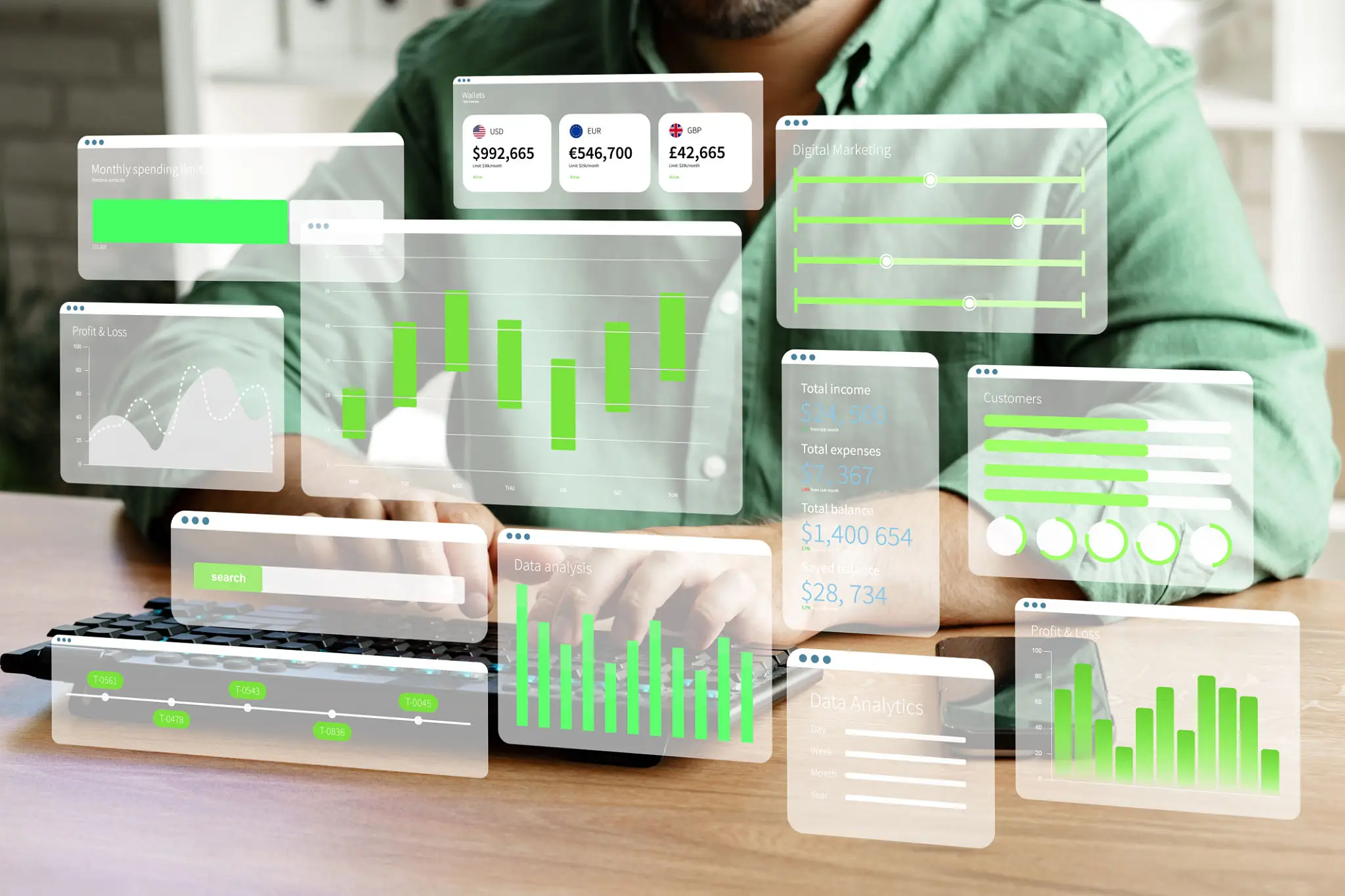 Person using laptop with floating analytics dashboards