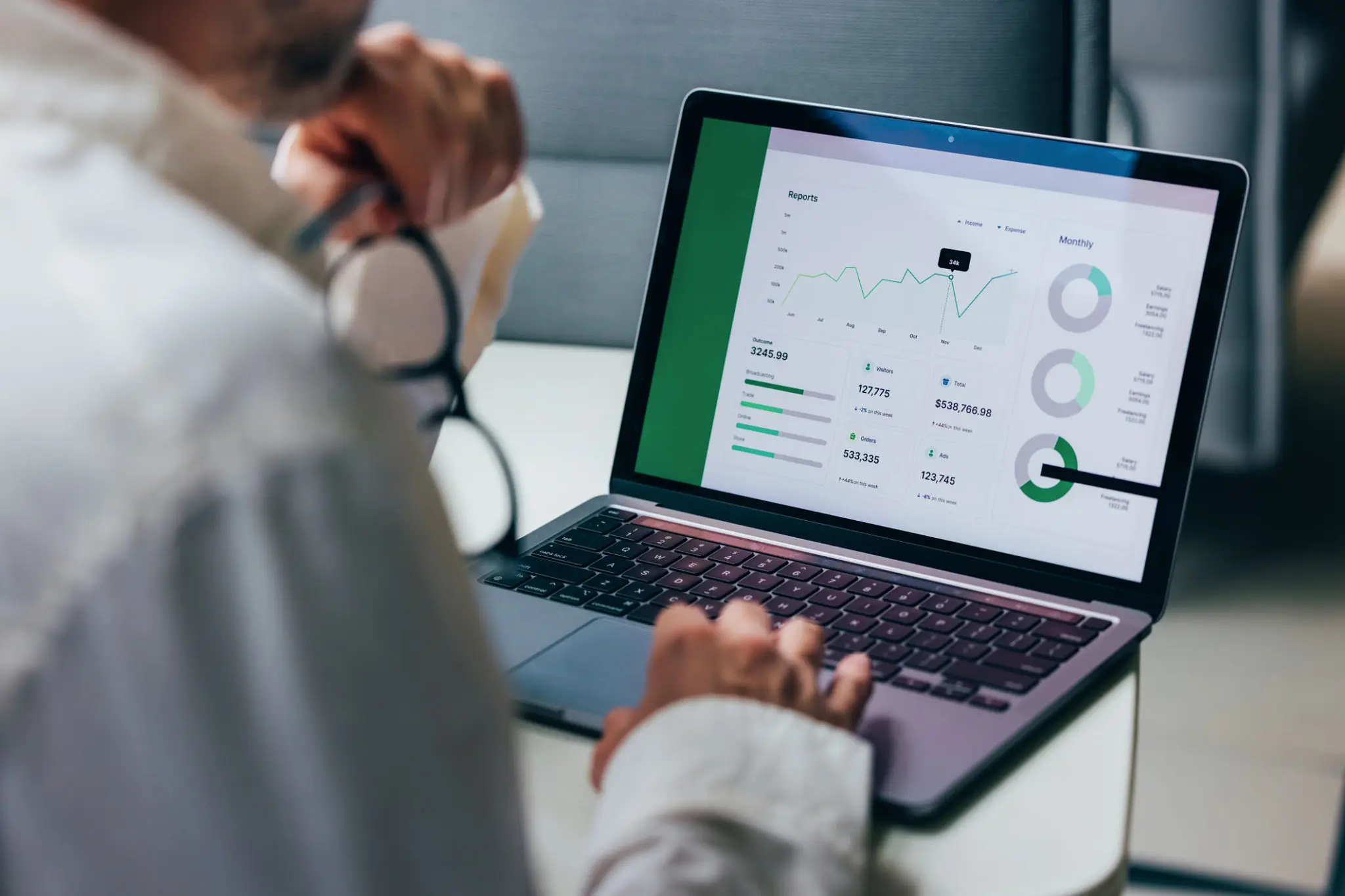 Person viewing financial analytics dashboard on laptop