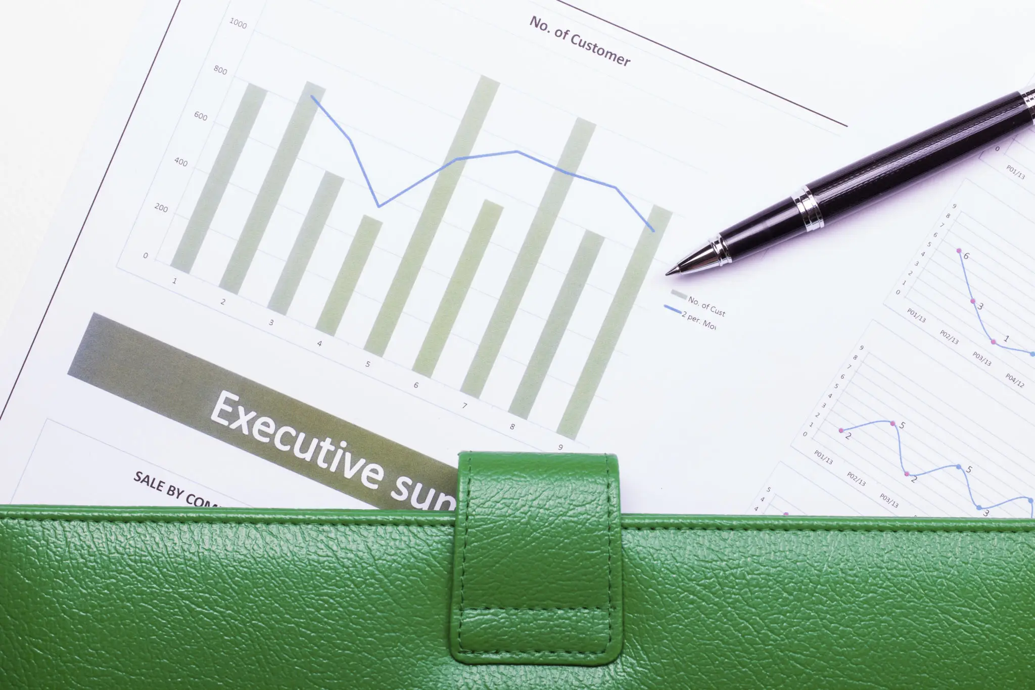 Executive summary charts with pen and green portfolio